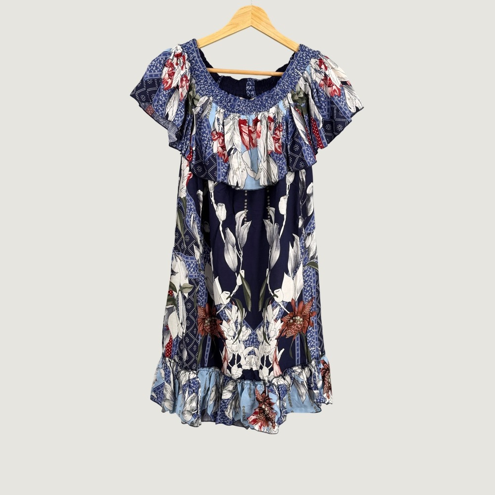 Jaase Size Medium New Blue Floral Ruffle Mini Dress Boho Off Shoulder